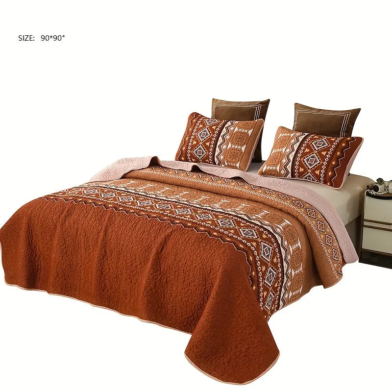 3pcs Southwestern Striped Print Brushed Quilted Bedspread Set (1*Bedspread + 2*Pillowcase Without Filler), Soft Breathable And C