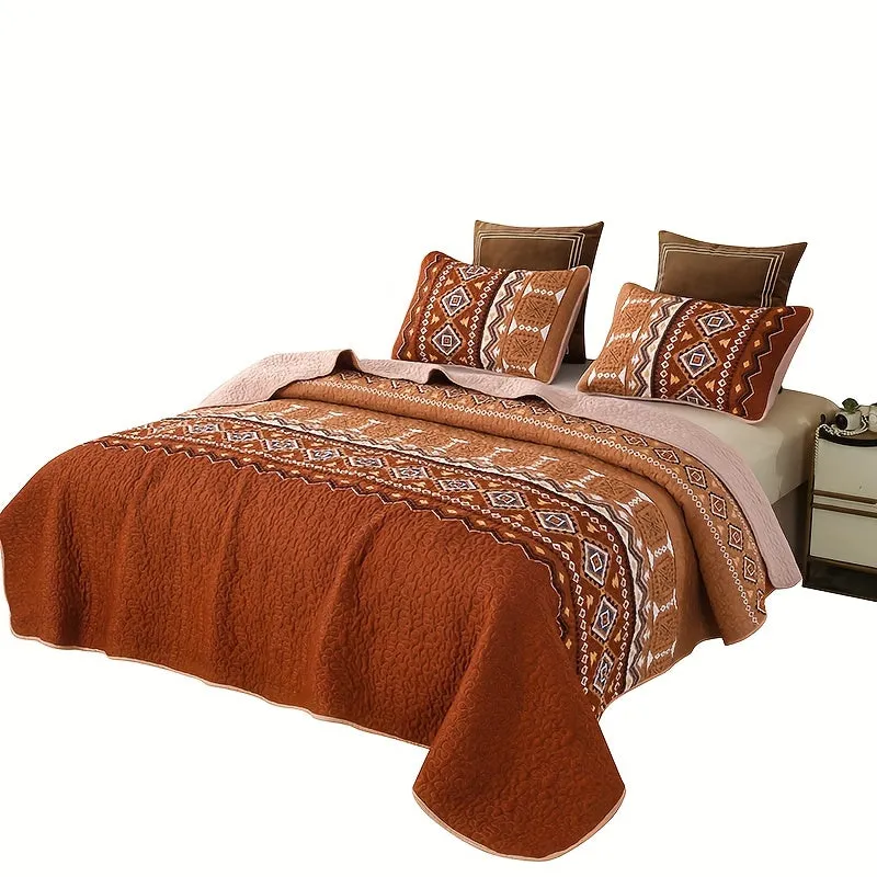 3pcs Southwestern Striped Print Brushed Quilted Bedspread Set (1*Bedspread + 2*Pillowcase Without Filler), Soft Breathable And C