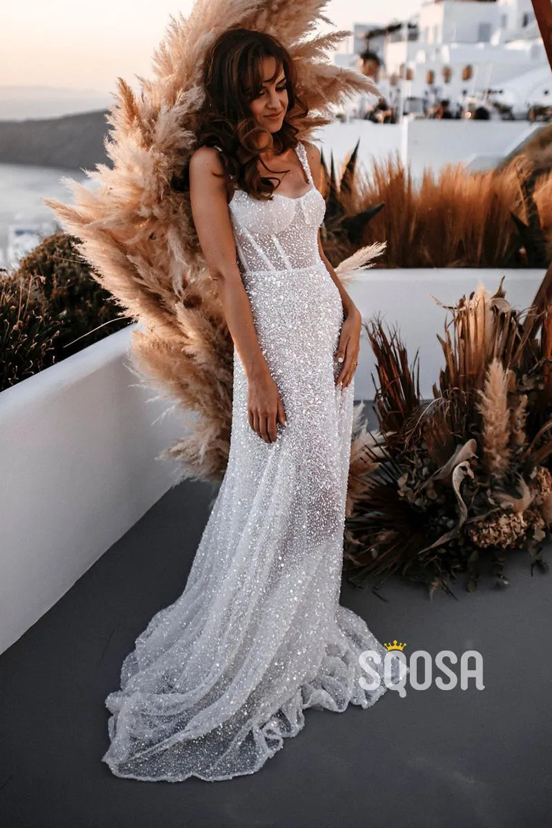 A-line Spaghetti Straps Sparkly Bohemian Wedding Dress QW2686