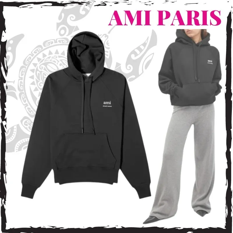 AMI PARIS  |Long Sleeves Plain Cotton Logo Hoodies & Sweatshirts