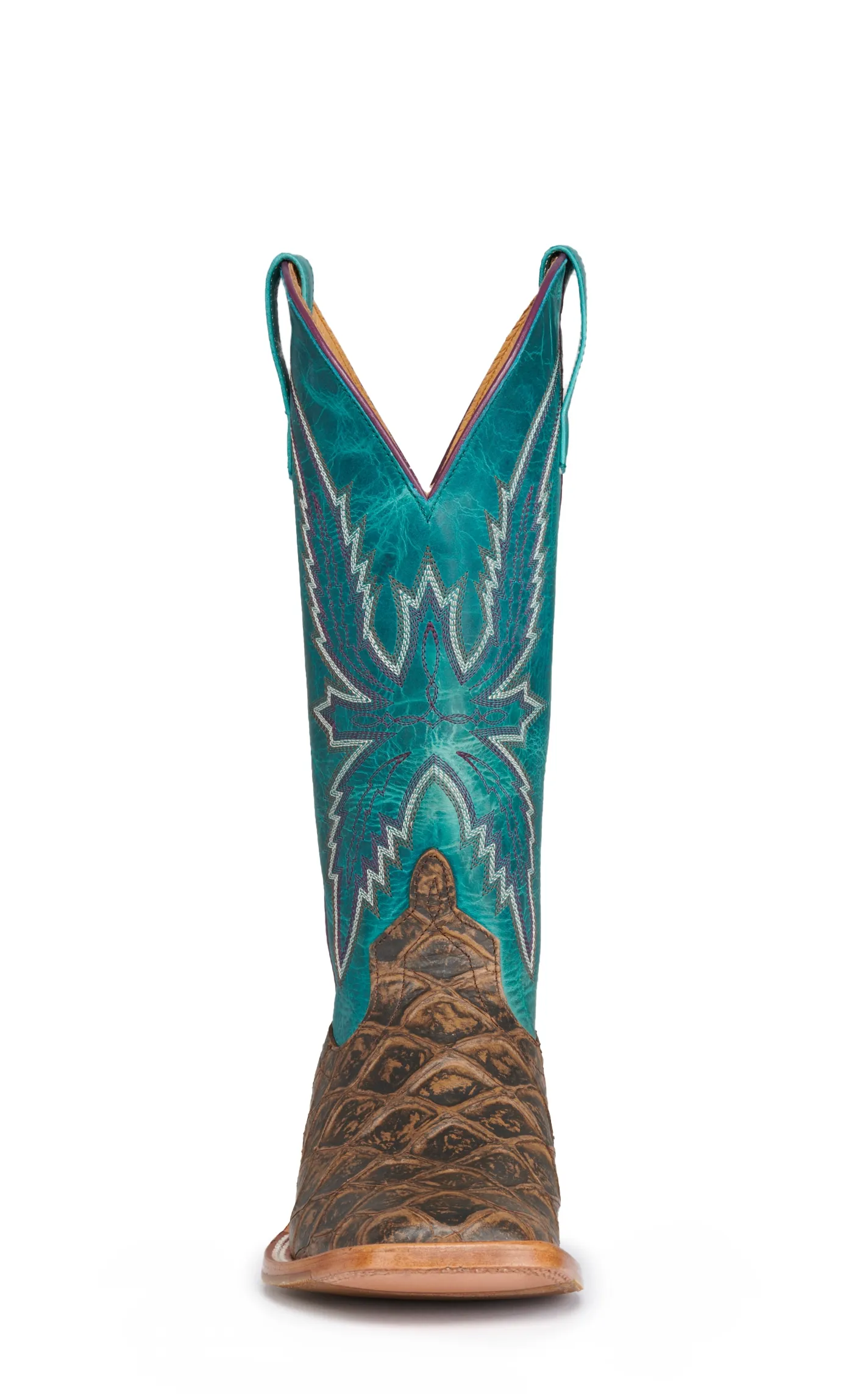 Anderson Bean Women's Macie Bean Cocoa Brown Fish Print and Turquoise Square Toe Cowboy Boots