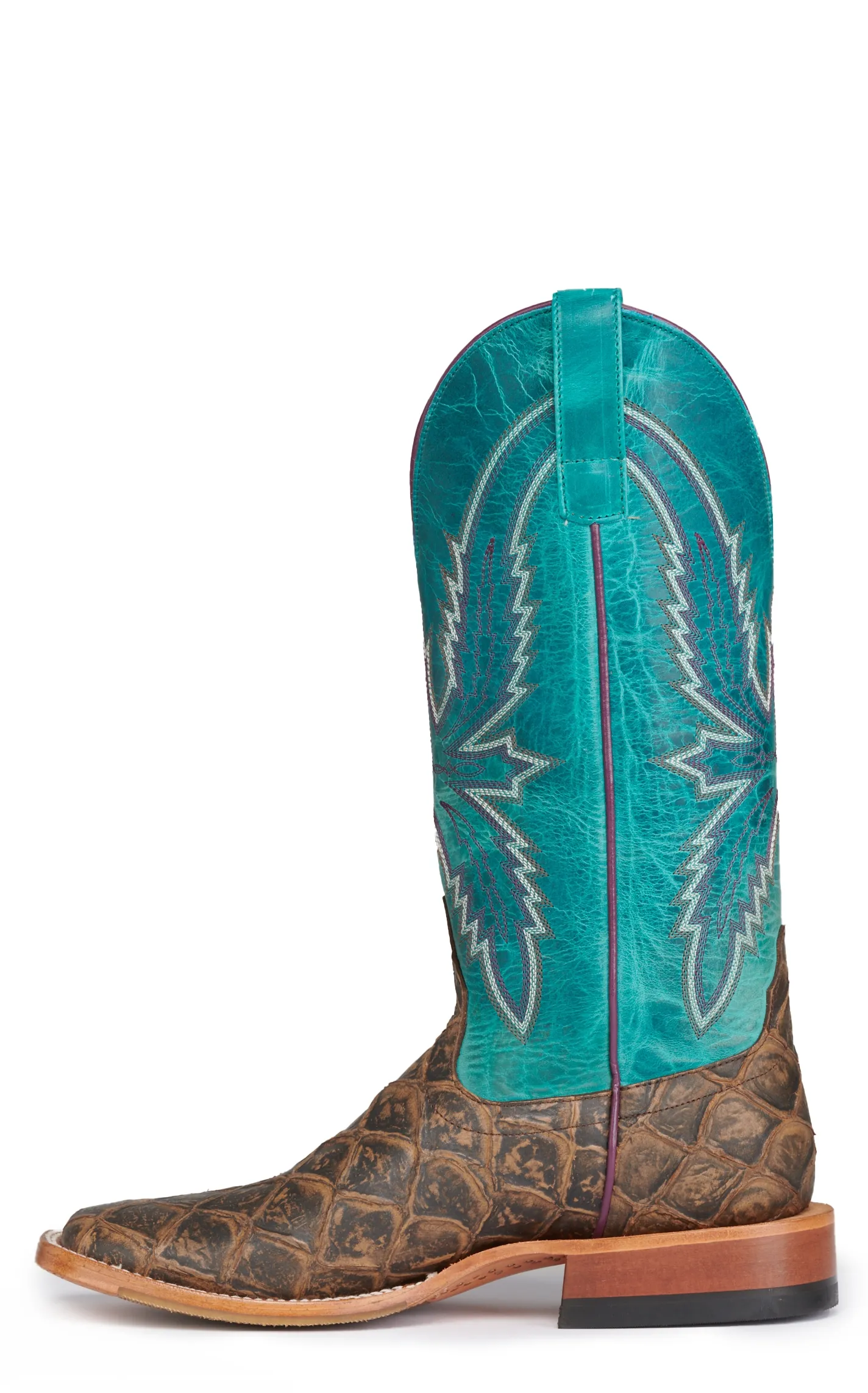 Anderson Bean Women's Macie Bean Cocoa Brown Fish Print and Turquoise Square Toe Cowboy Boots