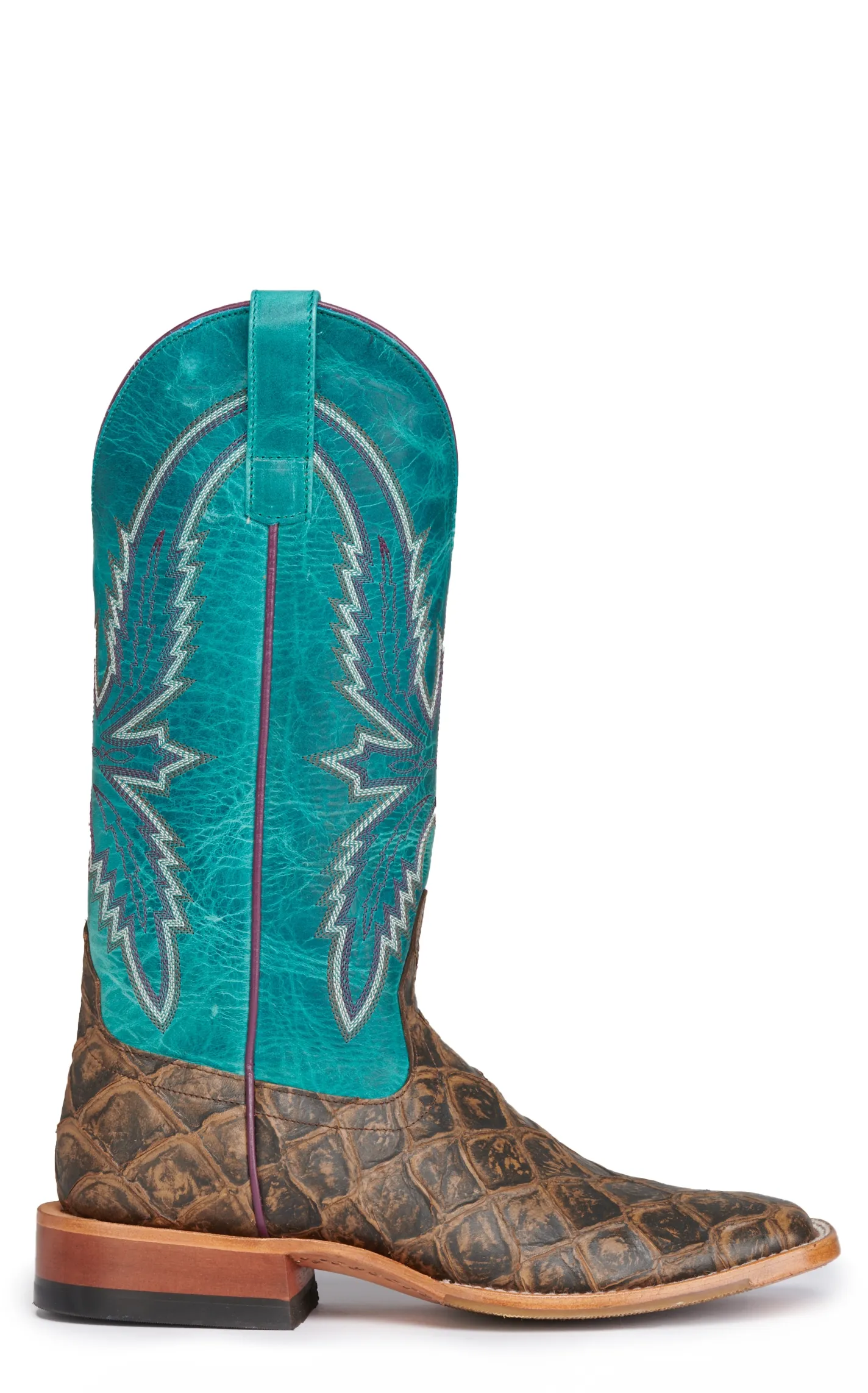 Anderson Bean Women's Macie Bean Cocoa Brown Fish Print and Turquoise Square Toe Cowboy Boots