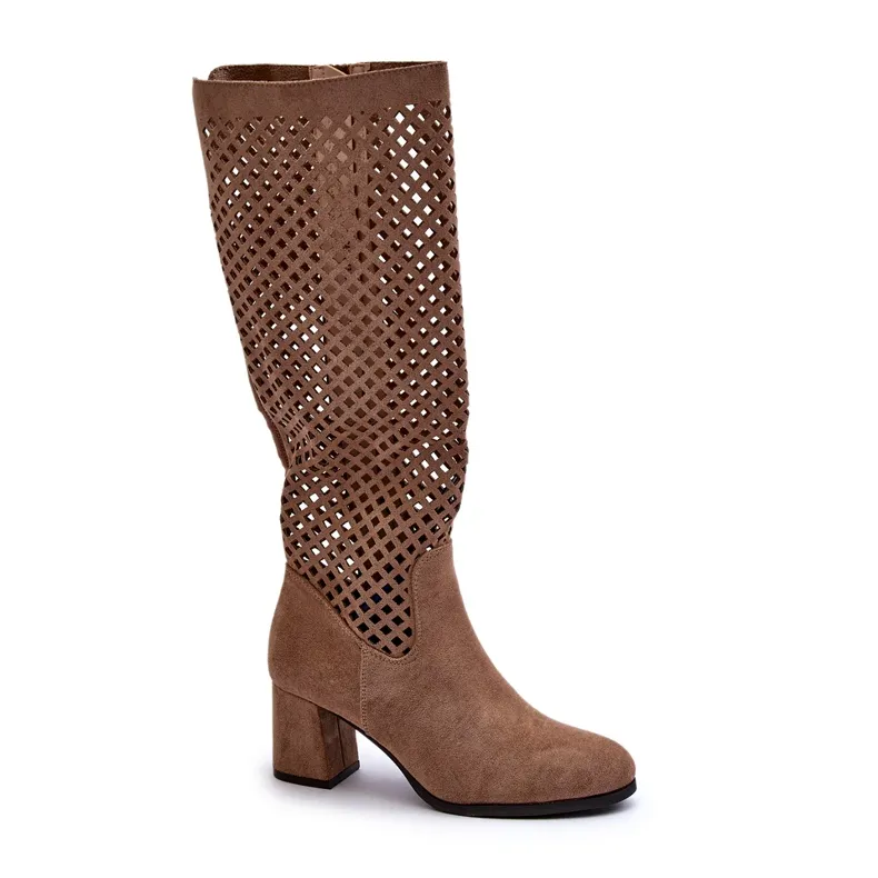 Beige Suede Openwork High Heel Boots Jolenna