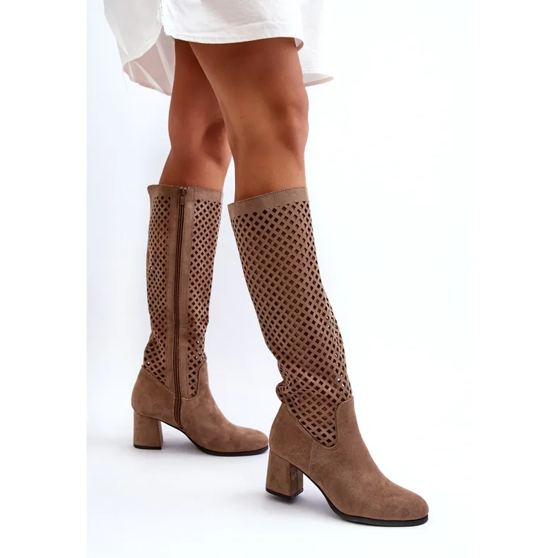 Beige Suede Openwork High Heel Boots Jolenna