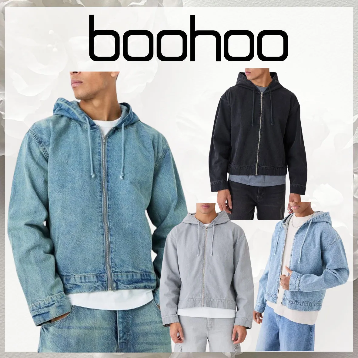 boohoo  |Unisex Denim Street Style Plain Cotton Hoodies