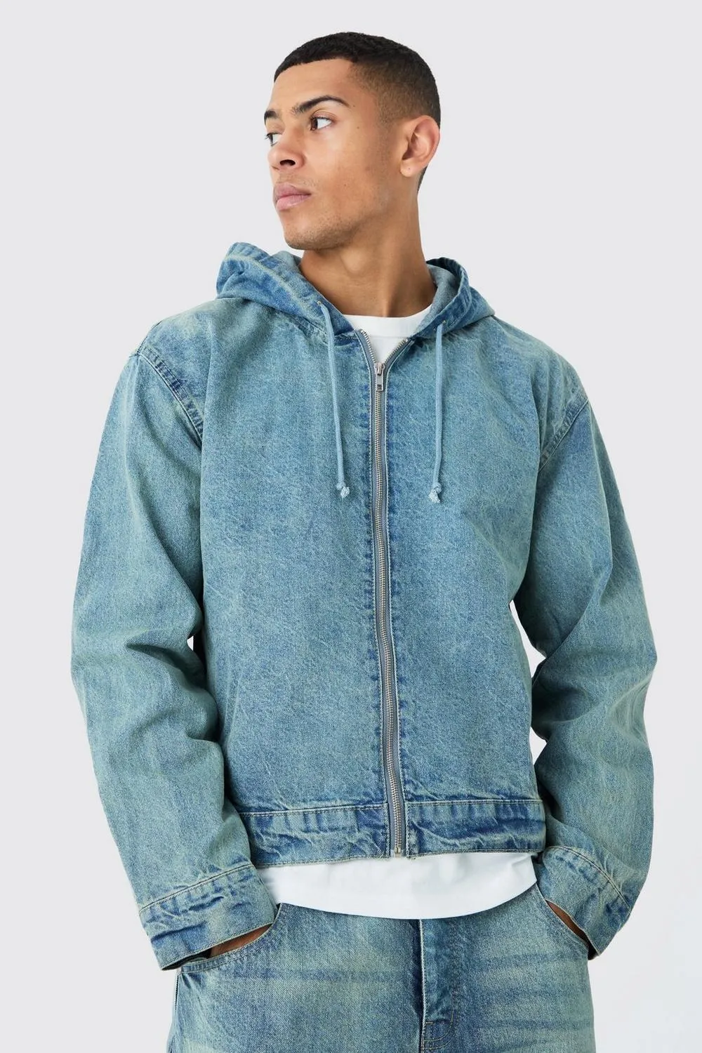 boohoo  |Unisex Denim Street Style Plain Cotton Hoodies