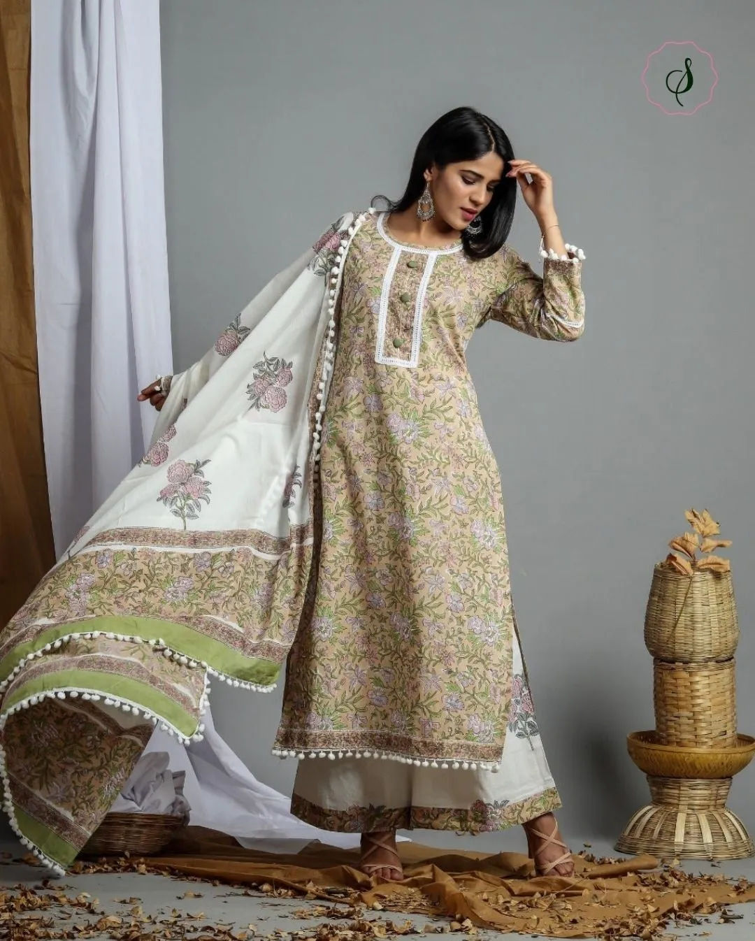 Crystal Beige Hand Block Print Cotton Suit Set with Mulmul Dupatta (CSS02)