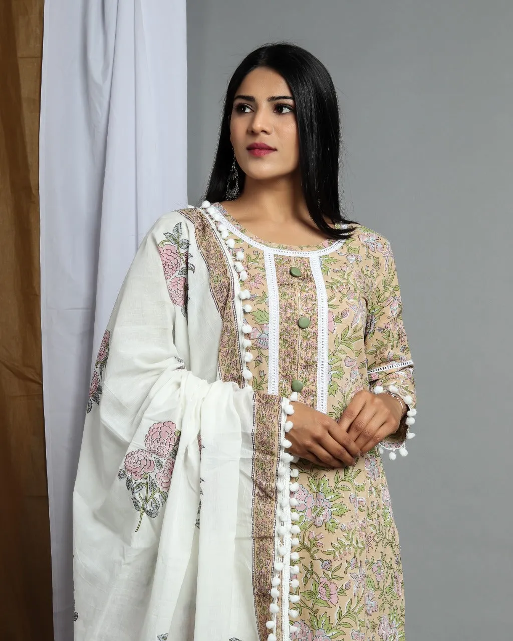 Crystal Beige Hand Block Print Cotton Suit Set with Mulmul Dupatta (CSS02)