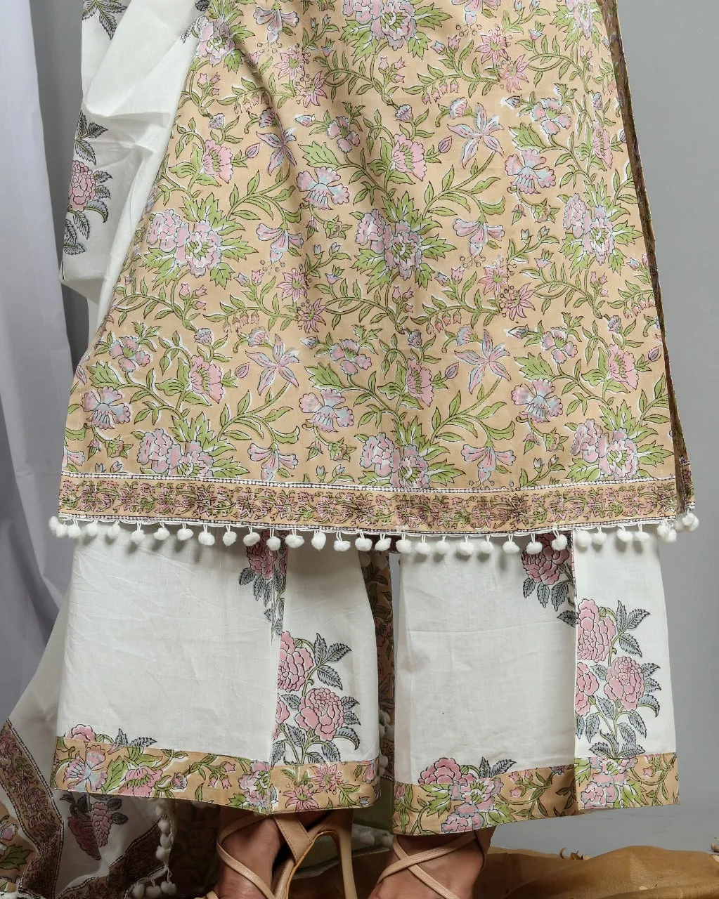 Crystal Beige Hand Block Print Cotton Suit Set with Mulmul Dupatta (CSS02)