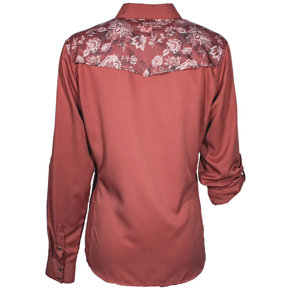 HOOEY SOL LADIES MARSALA W/FLORAL PATTERN DETAILING LONG SLEEVE PEARL SNAP SHIRT