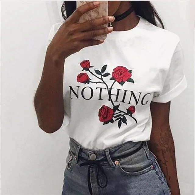 Nothing Letter Rose Printed Female Harajuku T-Shirt for Summer