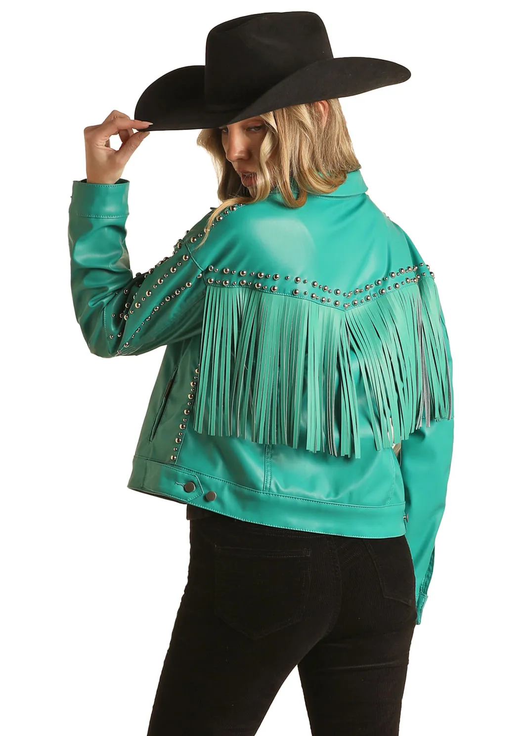 Panhandle Slim Womens Turquoise Studded Pleather Jacket