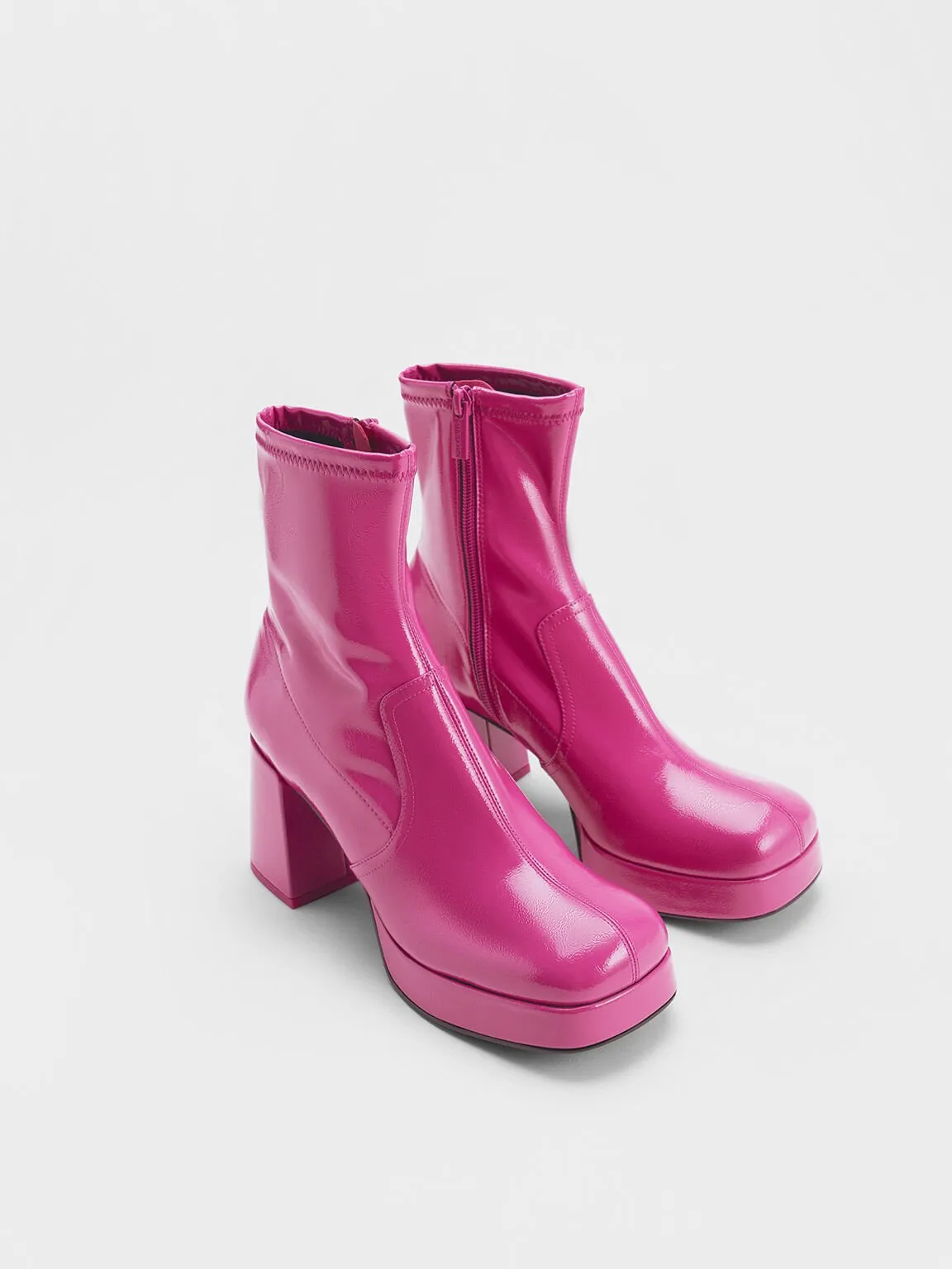 Patent Crinkle-Effect Block-Heel Boots - Fuchsia