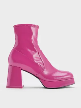 Patent Crinkle-Effect Block-Heel Boots - Fuchsia