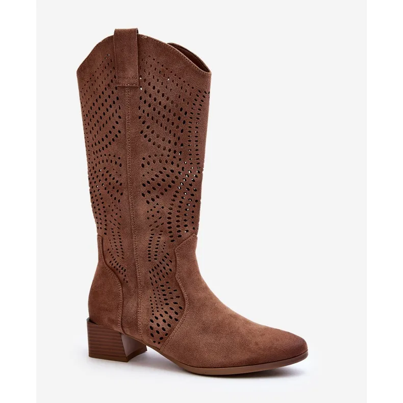 Vinceza Openwork Low Heel Boots Brown Walea