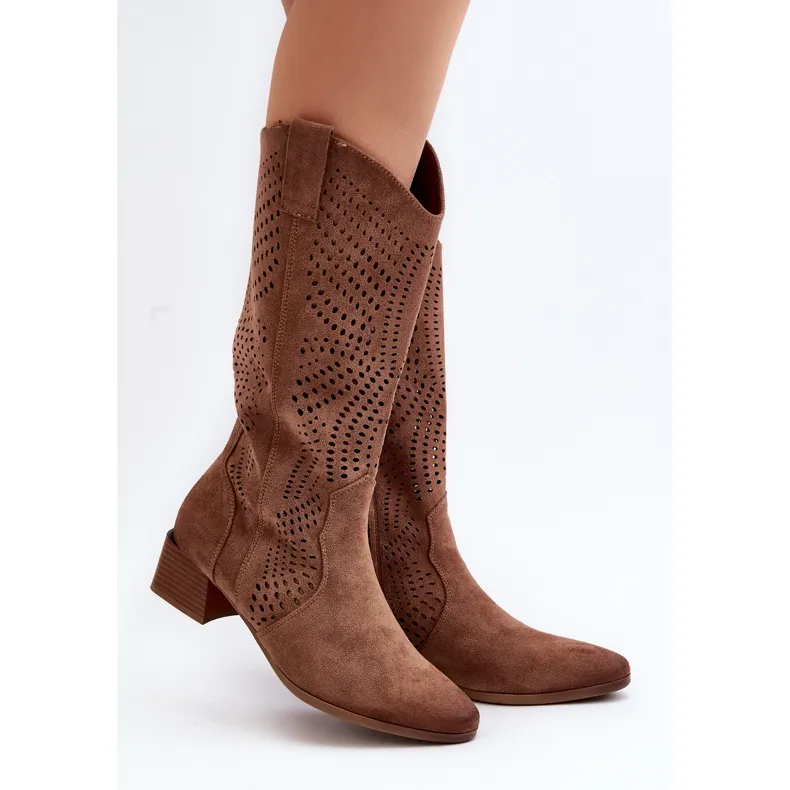 Vinceza Openwork Low Heel Boots Brown Walea