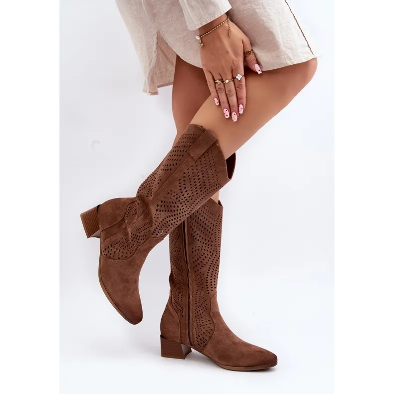 Vinceza Openwork Low Heel Boots Brown Walea