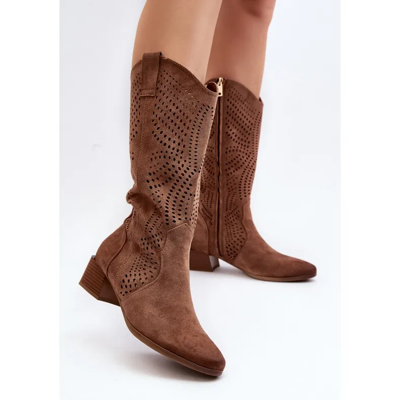 Vinceza Openwork Low Heel Boots Brown Walea