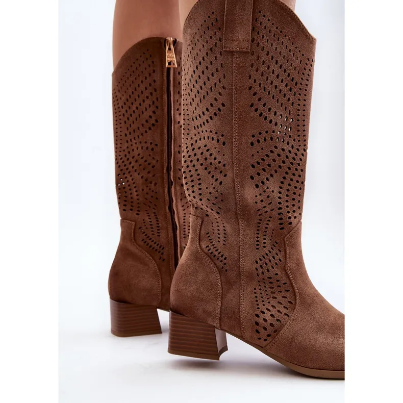 Vinceza Openwork Low Heel Boots Brown Walea