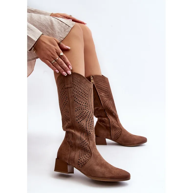 Vinceza Openwork Low Heel Boots Brown Walea